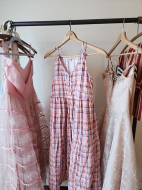 LOFT Pink Plaid Button-Front Midi Sundress